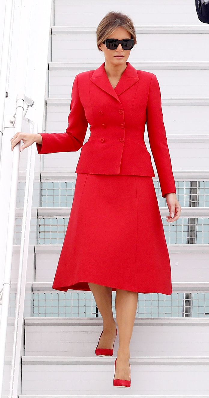 Melania Trump Wears Red Dior Skirt Suit to Meet the First Lady of France